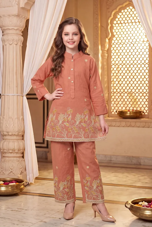 Peach_Cotton_Embroidered_Kurta_Pant_Set_For_Girls