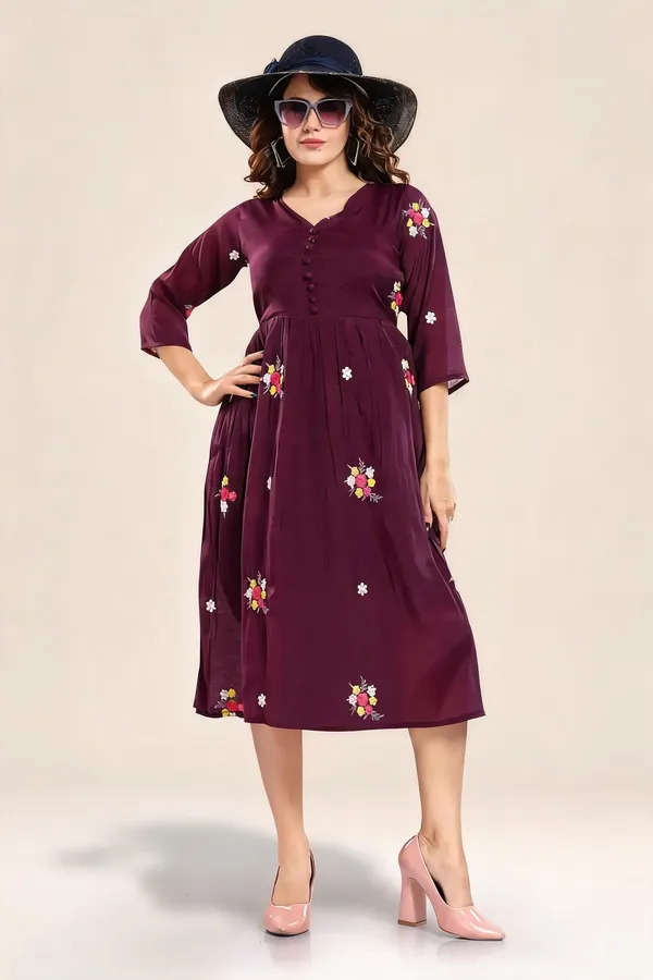Maroon_Chiffon_Floral_Print_A-Line_Dress_For_Women