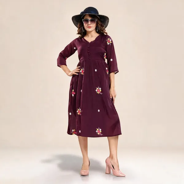 Maroon_Chiffon_Floral_Print_A-Line_Dress_For_Women
