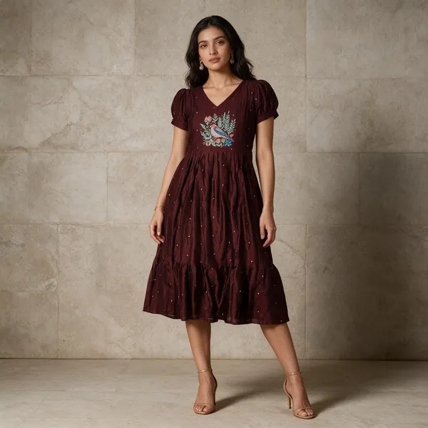 Maroon_Silk_Embroidered_Frock_Dress_For_Women