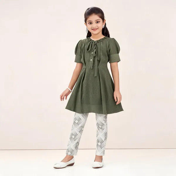 Olive_Green_Polyester_Silk_Flared_Dress_And_Leggings_Set_For_Girls