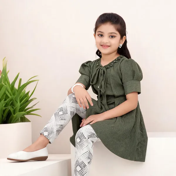 Olive_Green_Polyester_Silk_Flared_Dress_And_Leggings_Set_For_Girls