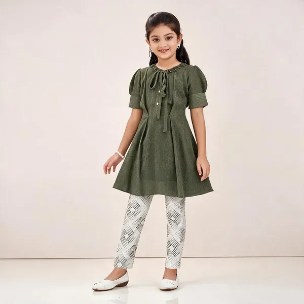 Olive_Green_Polyester_Silk_Flared_Dress_And_Leggings_Set_For_Girls