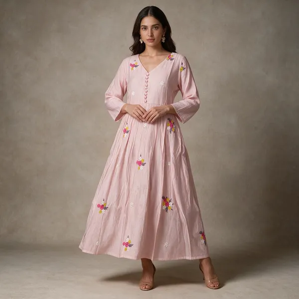 Pink_Silk_Polyester_Floral_Embroidered_Flared_Dress_For_Women