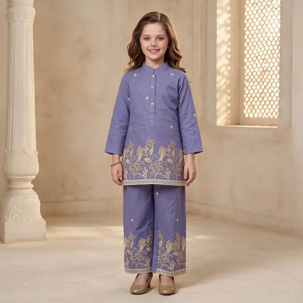 Purple_Cotton_Embroidered_Kurta_Pant_Set_For_Girls