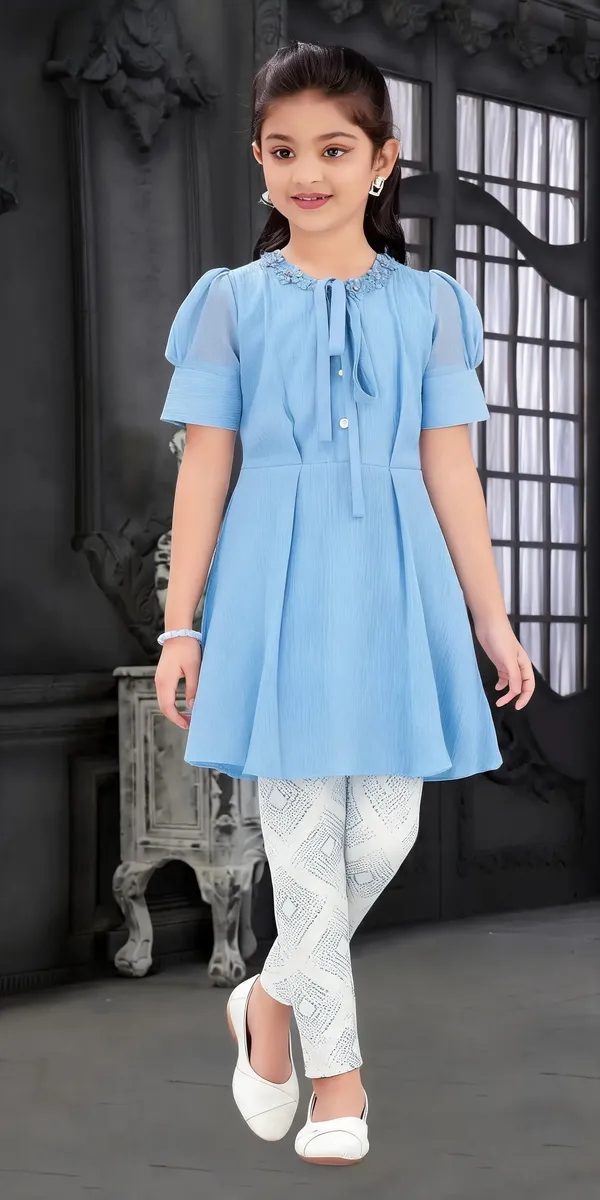 Blue_Polyester_Silk_Flared_Dress_And_Leggings_Set_For_Girls