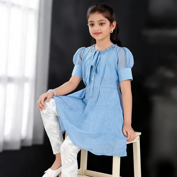 Blue_Polyester_Silk_Flared_Dress_And_Leggings_Set_For_Girls