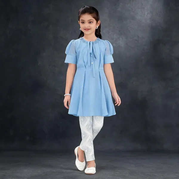Blue_Polyester_Silk_Flared_Dress_And_Leggings_Set_For_Girls