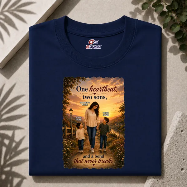 Customised__One_Heartbeat_Two_Sons_Mother_And_2_Son_Premium_Cotton_T_Shirt_Navy