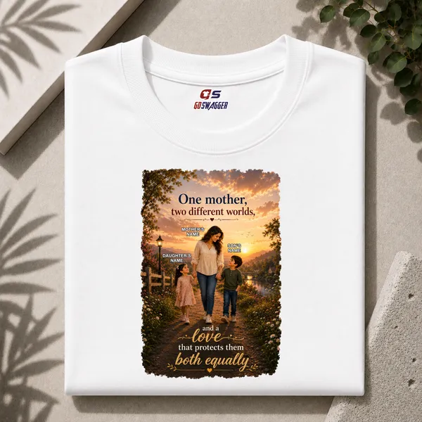 Customised__One_Mother_Two_Different_Worlds_Mother_And_2_Kids_Premium_Cotton_T_Shirt_White