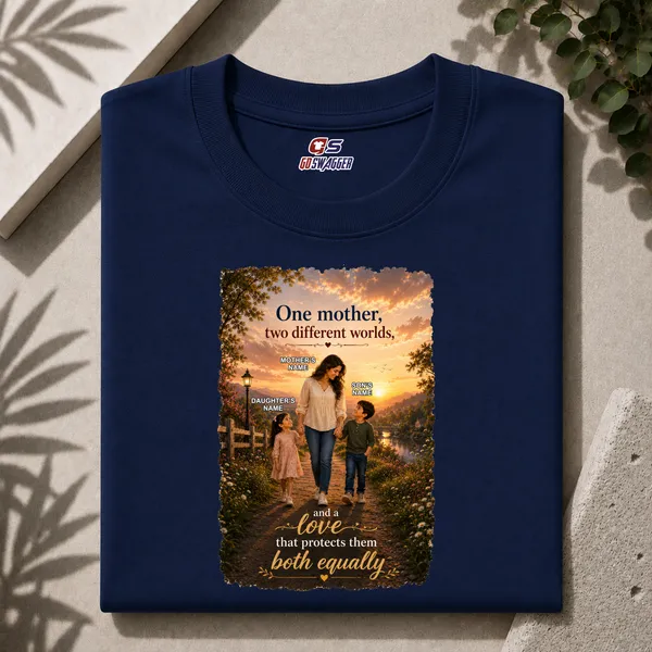 Customised__One_Mother_Two_Different_Worlds_Mother_And_2_Kids_Premium_Cotton_T_Shirt_Navy