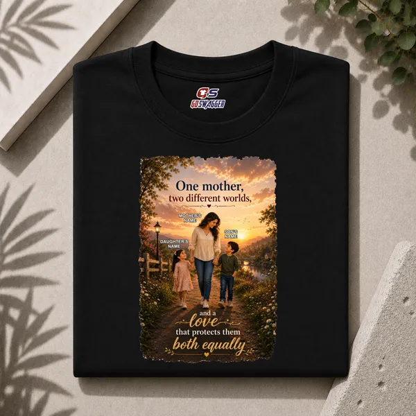 Customised__One_Mother_Two_Different_Worlds_Mother_And_2_Kids_Premium_Cotton_T_Shirt_Black
