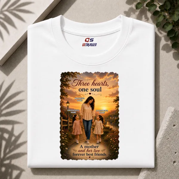 Customised__Three_Hearts_One_Soul_Mother_And_2_Daughter_Premium_Cotton_T_Shirt_White