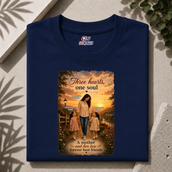 Customised__Three_Hearts_One_Soul_Mother_And_2_Daughter_Premium_Cotton_T_Shirt_Navy