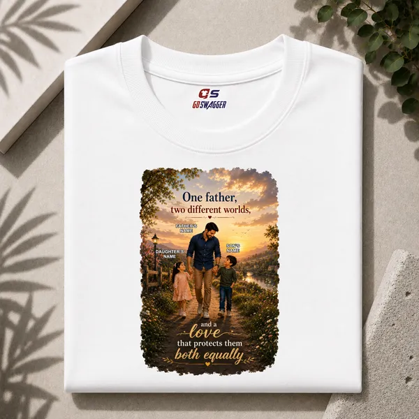 Customised__One_Father_Two_Different_Worlds_Father_And_2_Kids_Premium_Cotton_T_Shirt_White