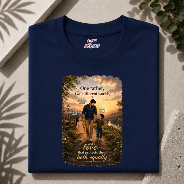 Customised__One_Father_Two_Different_Worlds_Father_And_2_Kids_Premium_Cotton_T_Shirt_Navy