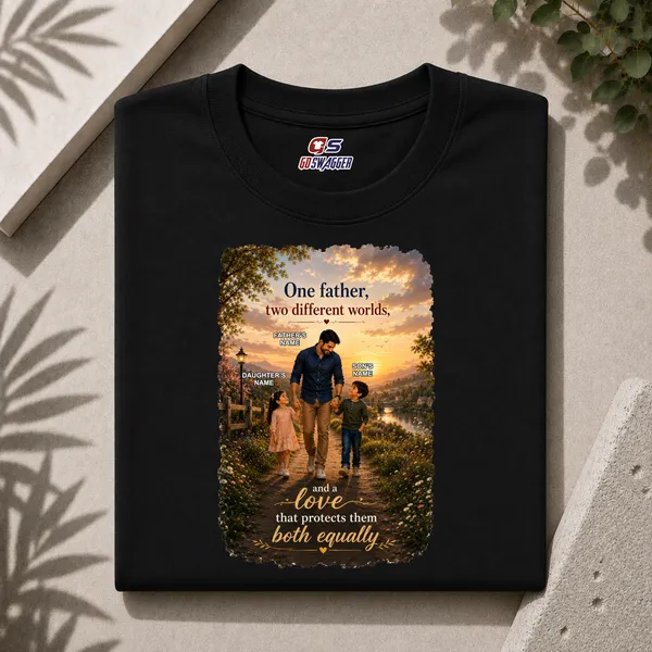 Customised__One_Father_Two_Different_Worlds_Father_And_2_Kids_Premium_Cotton_T_Shirt_Black