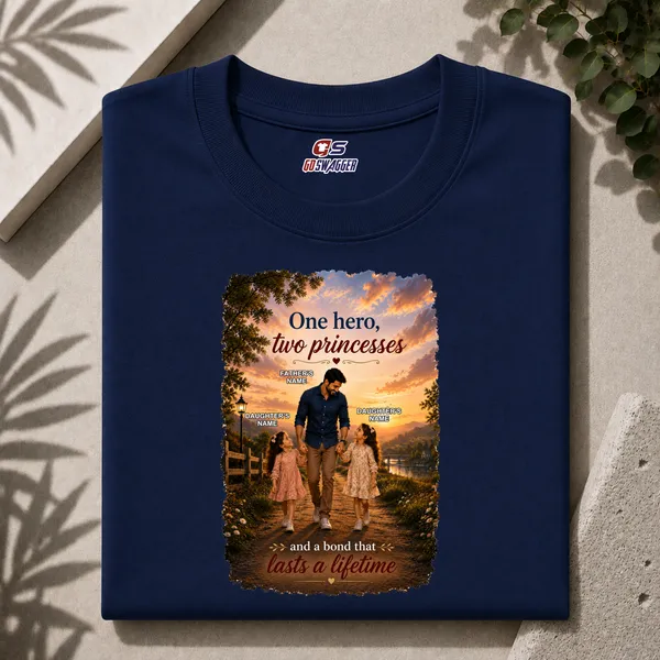 Customised__One_Hero_Two_Princesses_Father_And_2_Daughters_Premium_Cotton_T_Shirt_Navy
