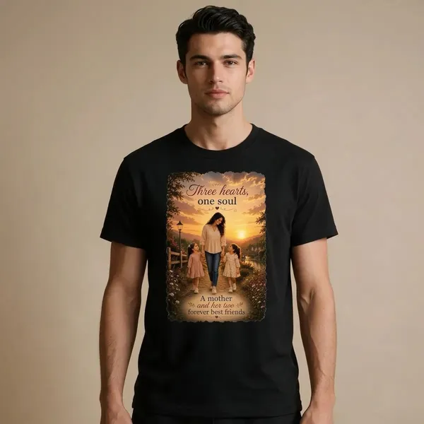 Customised__Three_Hearts_One_Soul_Mother_And_2_Daughter_Premium_Cotton_T_Shirt_Black