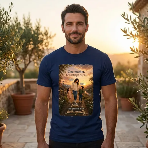 Customised__One_Mother_Two_Different_Worlds_Mother_And_2_Kids_Premium_Cotton_T_Shirt_Navy