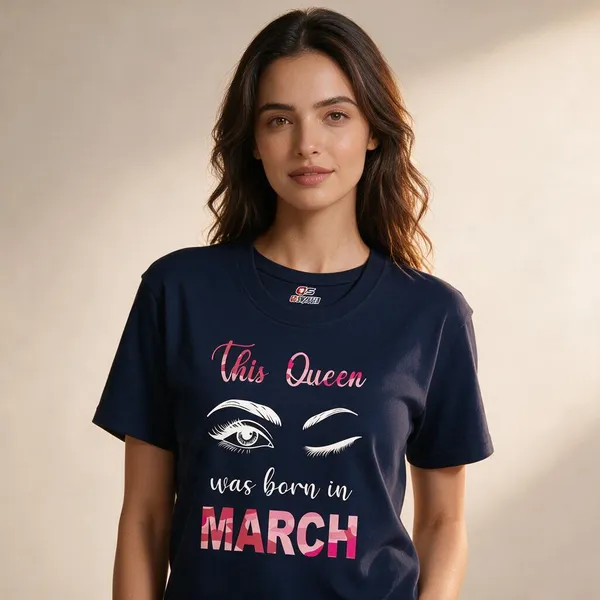 Customised_This_Queen_Was_Born_In_March_Premium_Cotton_Tshirt_Navy