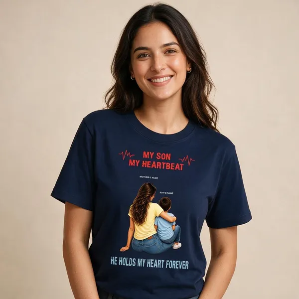 Customised__My_Son_My_Heartbeat_Mother_And_Son_Premium_Cotton_T_Shirt_Navy