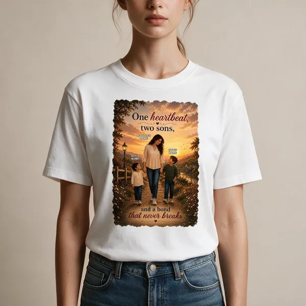 Customised__One_Heartbeat_Two_Sons_Mother_And_2_Son_Premium_Cotton_T_Shirt_White