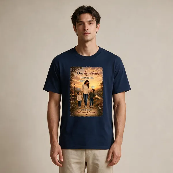 Customised__One_Heartbeat_Two_Sons_Mother_And_2_Son_Premium_Cotton_T_Shirt_Navy