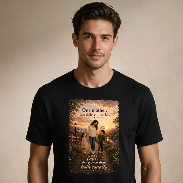 Customised__One_Mother_Two_Different_Worlds_Mother_And_2_Kids_Premium_Cotton_T_Shirt_Black