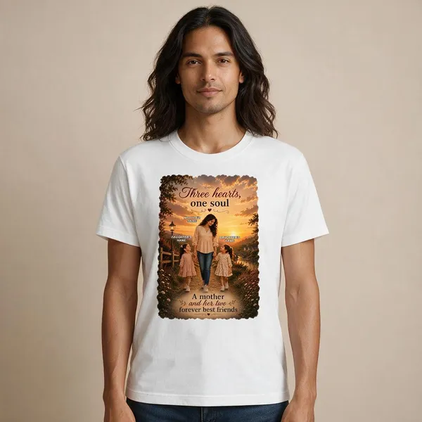 Customised__Three_Hearts_One_Soul_Mother_And_2_Daughter_Premium_Cotton_T_Shirt_White