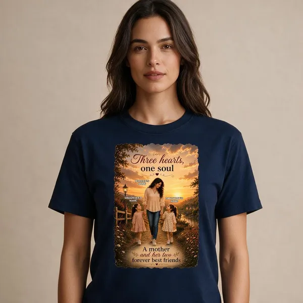 Customised__Three_Hearts_One_Soul_Mother_And_2_Daughter_Premium_Cotton_T_Shirt_Navy