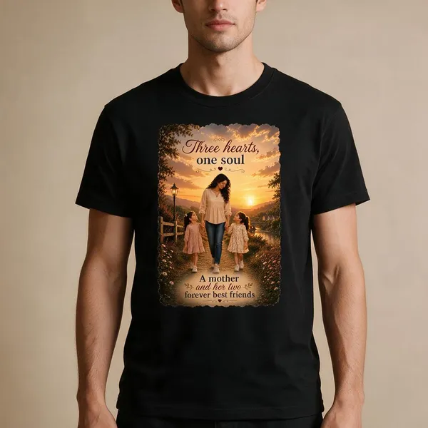 Customised__Three_Hearts_One_Soul_Mother_And_2_Daughter_Premium_Cotton_T_Shirt_Black