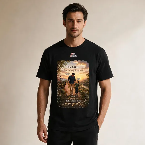 Customised__One_Father_Two_Different_Worlds_Father_And_2_Kids_Premium_Cotton_T_Shirt_Black