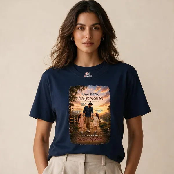 Customised__One_Hero_Two_Princesses_Father_And_2_Daughters_Premium_Cotton_T_Shirt_Navy
