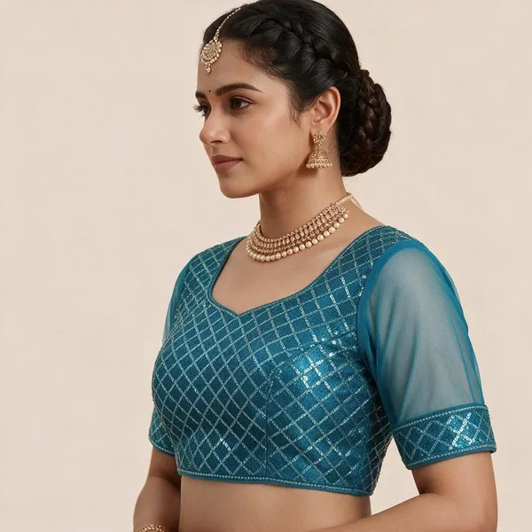 Teal_Net_Blouse_For_Women