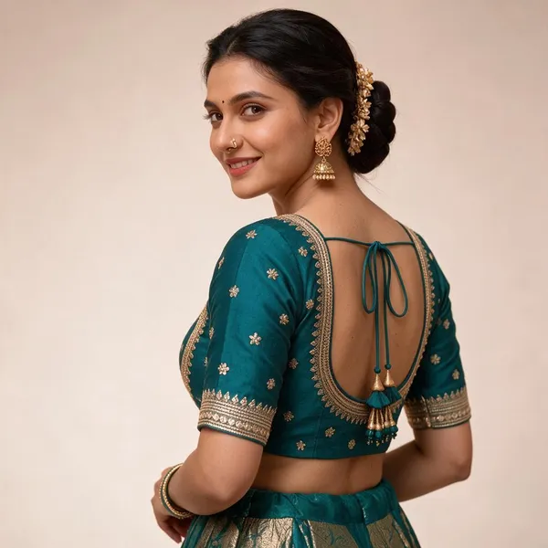 Teal_Blue_Satin_Blouse_For_Women