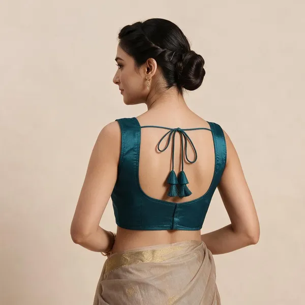 Teal_Blue_Satin_Sleeveless_Blouse_For_Women