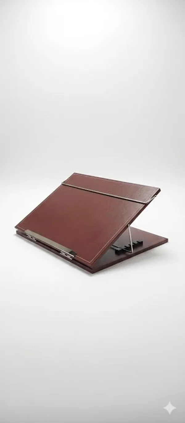 Leatherette_Table_Top_Writing_Desk_Height_Adjustable_Leatherette_Study_Stand_With_Acrylic_Finish_10_Mm_Thick_Brown_12_X_16_Inch