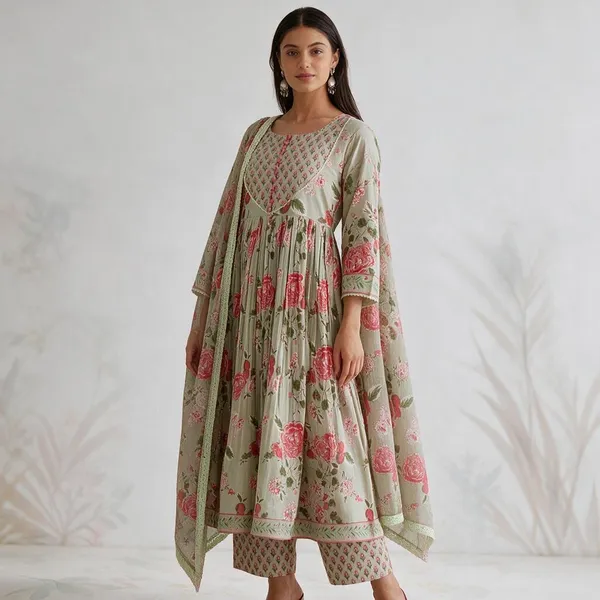 Women_Beige_Cotton_Anarklali_Printed_Kurta_With_Pant_And_Dupatta