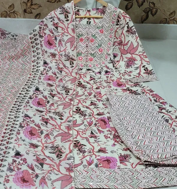 Multicolor_Flared_Cotton_Kurti_With_Pant_And_Dupatta_For_Women