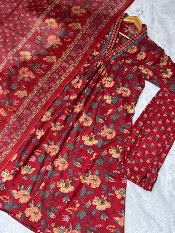 Women_Beautiful_Cotton_Flower_Printed_Neckline_Worked_Maroon_Kurta_And_Pant_More