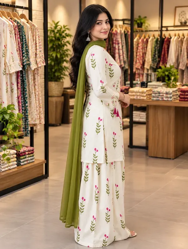 Women_And_Girls_Farshi_Cotton_Flower_Printed_White_Kurti_With_Back_Side_Dor