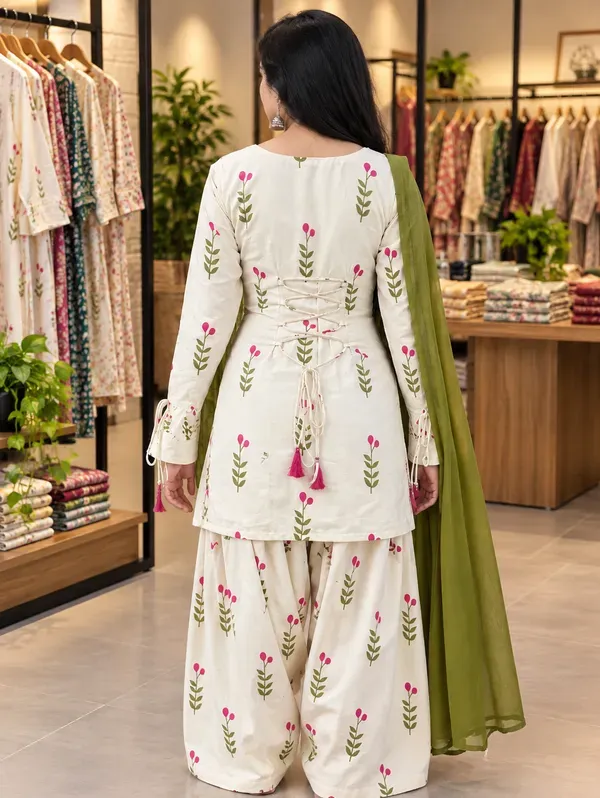 Women_And_Girls_Farshi_Cotton_Flower_Printed_White_Kurti_With_Back_Side_Dor