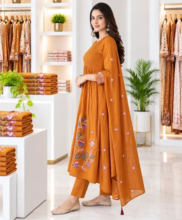 Women_Cotton_Graceful_Pin_Tuck_Pintex_And_Embroidered_Worked_Rust_Orange