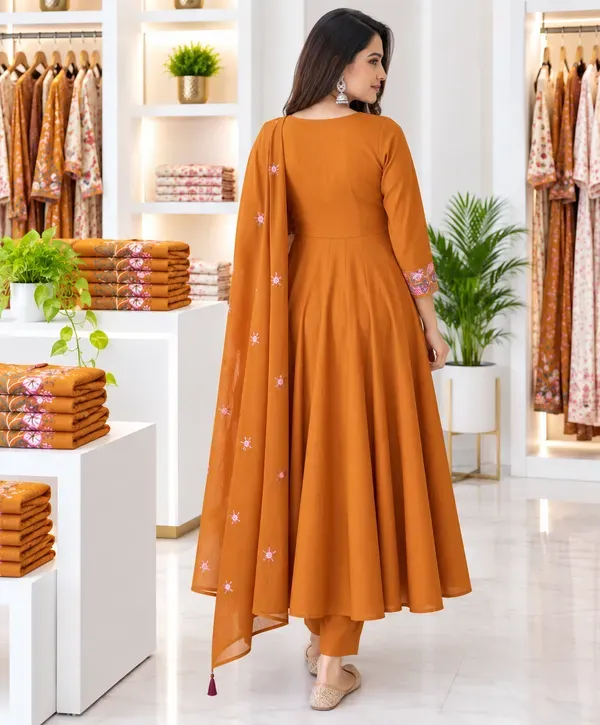 Women_Cotton_Graceful_Pin_Tuck_Pintex_And_Embroidered_Worked_Rust_Orange