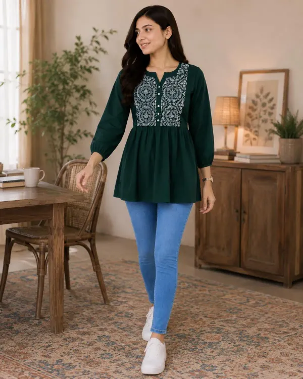 Women_Trendy_Flower_Emriodered_Cotton_Green_Top_Wear_With_Jeans