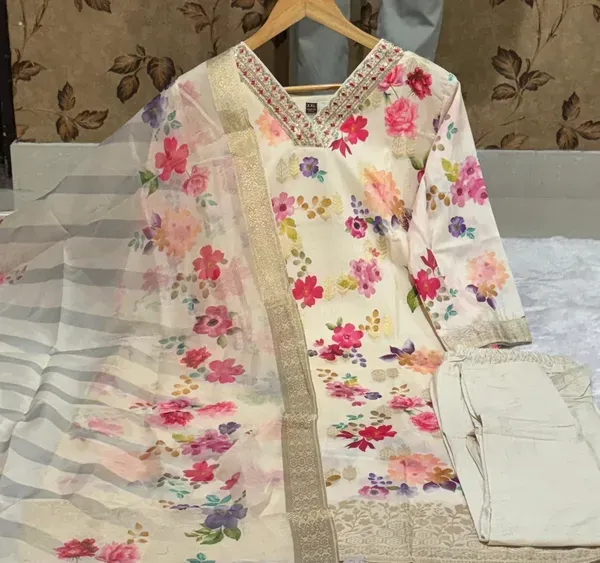 Women_Neck_Embroidery_Banana_Silk_Suit_Set_Shades_Of_Pink_Purple_And_Green
