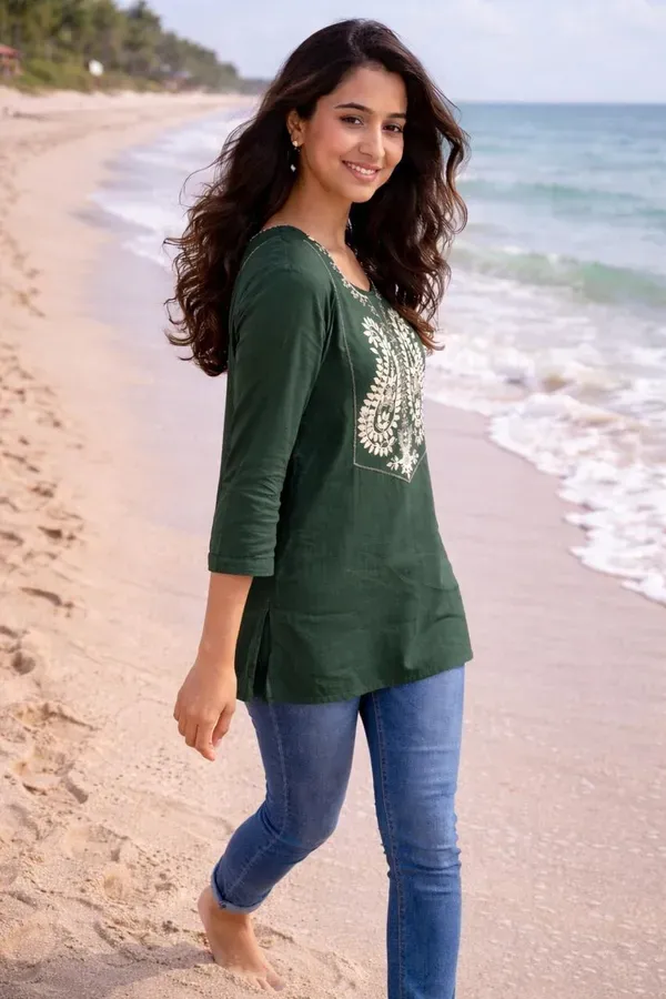 Women_Trendy_Flower_Emriodered_Cotton_Green_Top_Wear_With_Jeans