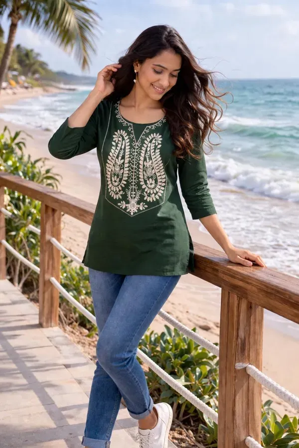 Women_Trendy_Flower_Emriodered_Cotton_Green_Top_Wear_With_Jeans