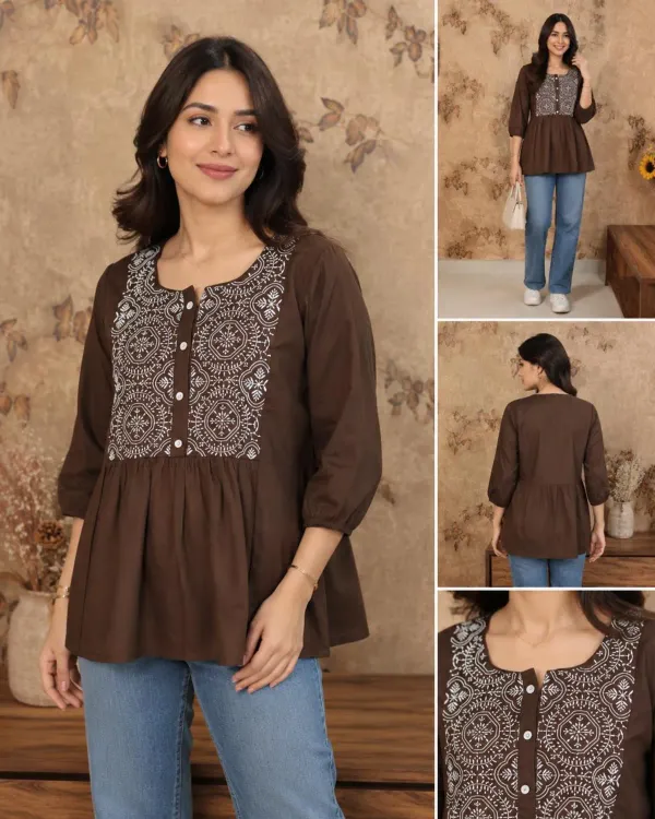 Women_Trendy_Flower_Emriodered_Cotton_Brown_Top_Wear_With_Jeans